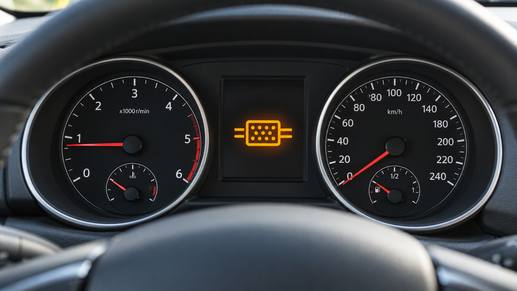 Cuadro de instrumentos del coche con la señal de fallo en el filtro de partículas. 