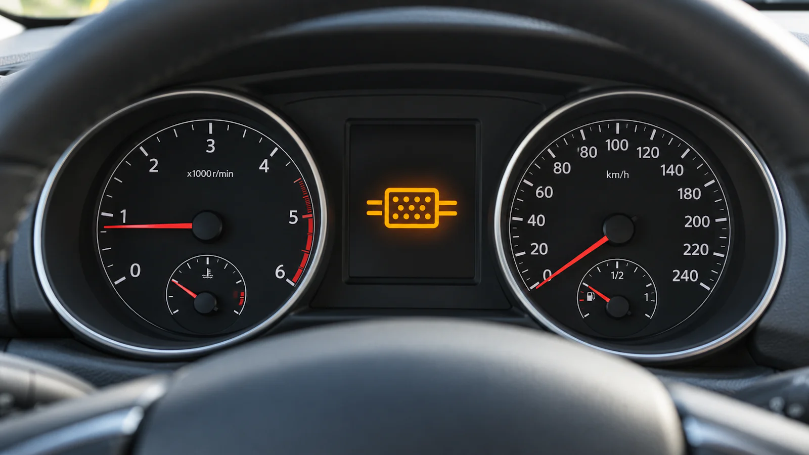Cuadro de instrumentos del coche con la señal de fallo en el filtro de partículas.