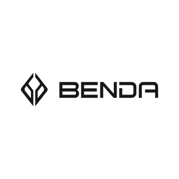 Logo de Benda: un rombo de líneas junto al nombre BENDA