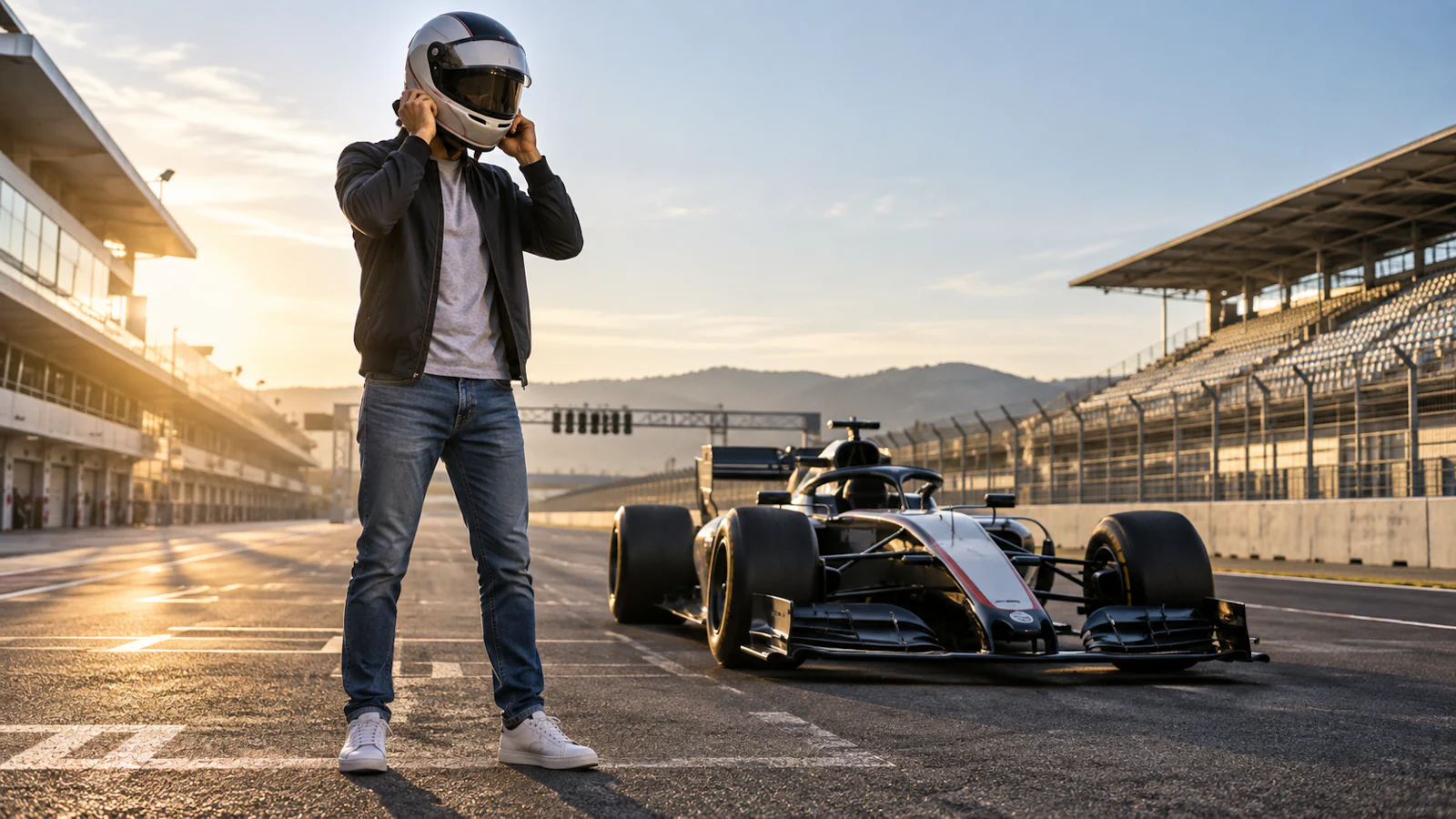 Una persona de calle se pone el casco junto a un Fórmula 1 en el pit lane al amanecer